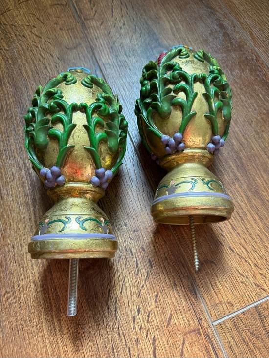 Allure Accents Other - Decorative Gold Curtain Rod Finials with Green Vine Accents - Pair